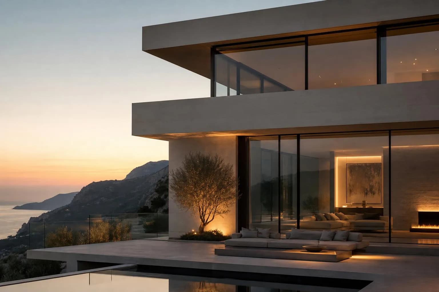 Modernist villa with clean geometric forms lit by golden-hour light, emphasizing structured proportions and clean lines.