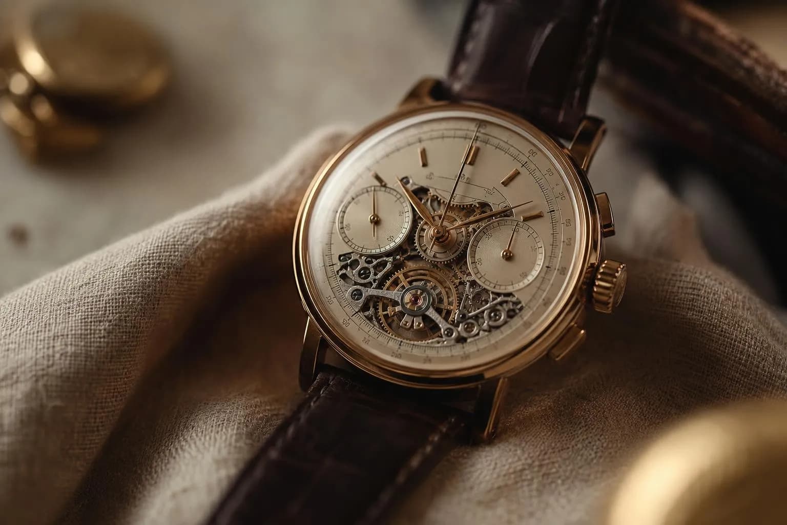 Close-up of a luxury mechanical watch on fine linen, soft light highlighting its precise craftsmanship.