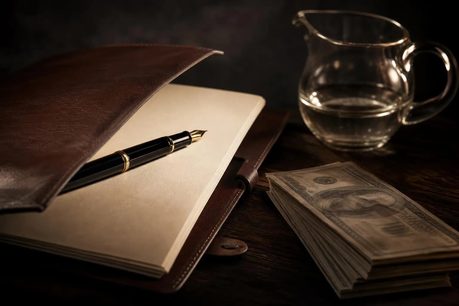 Still life: partnership documents, pen, banknotes, and glass vessel on dark wood, symbolizing tax obligations and distributions.