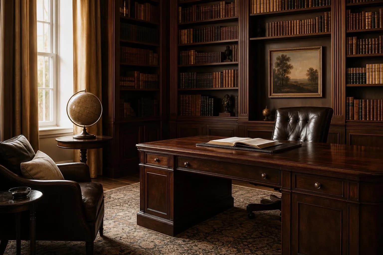 A sunlit private library with leather-bound shelves, mahogany desk, and open portfolio on display.