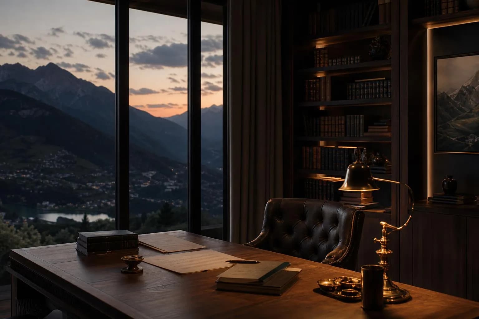 Candlelit study overlooking an alpine valley at dusk, embodying quiet deliberation and strategic foresight