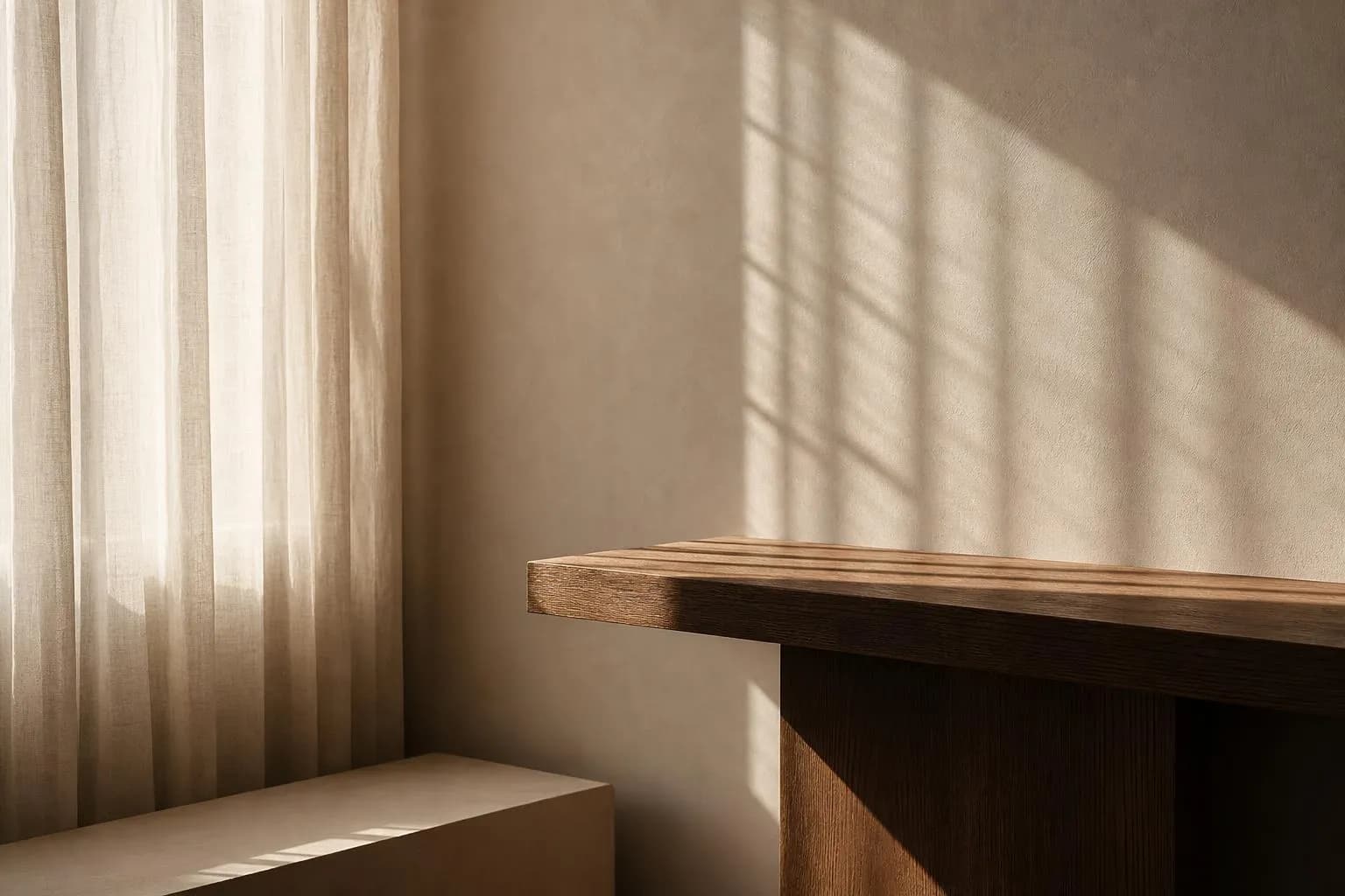 Soft morning light through sheer curtains casting shadows on a pale wall, evoking separate but interconnected spaces.