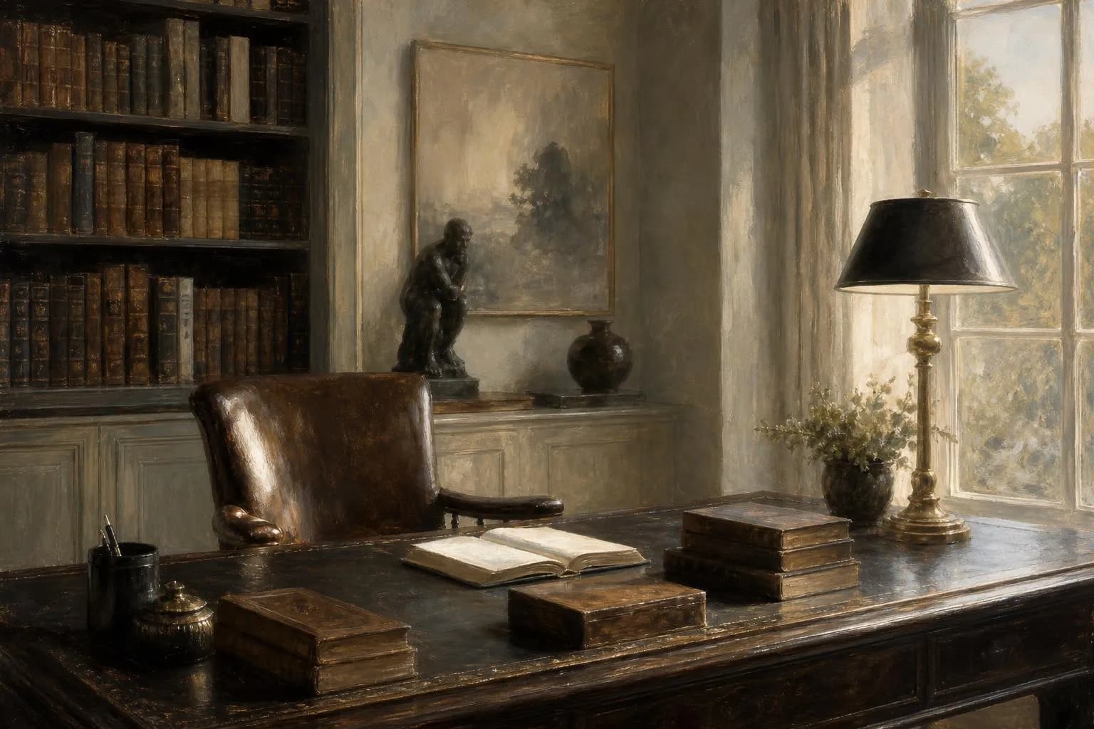 Impressionistic rendering of a quiet study with books and thoughtful ambiance in muted warm tones