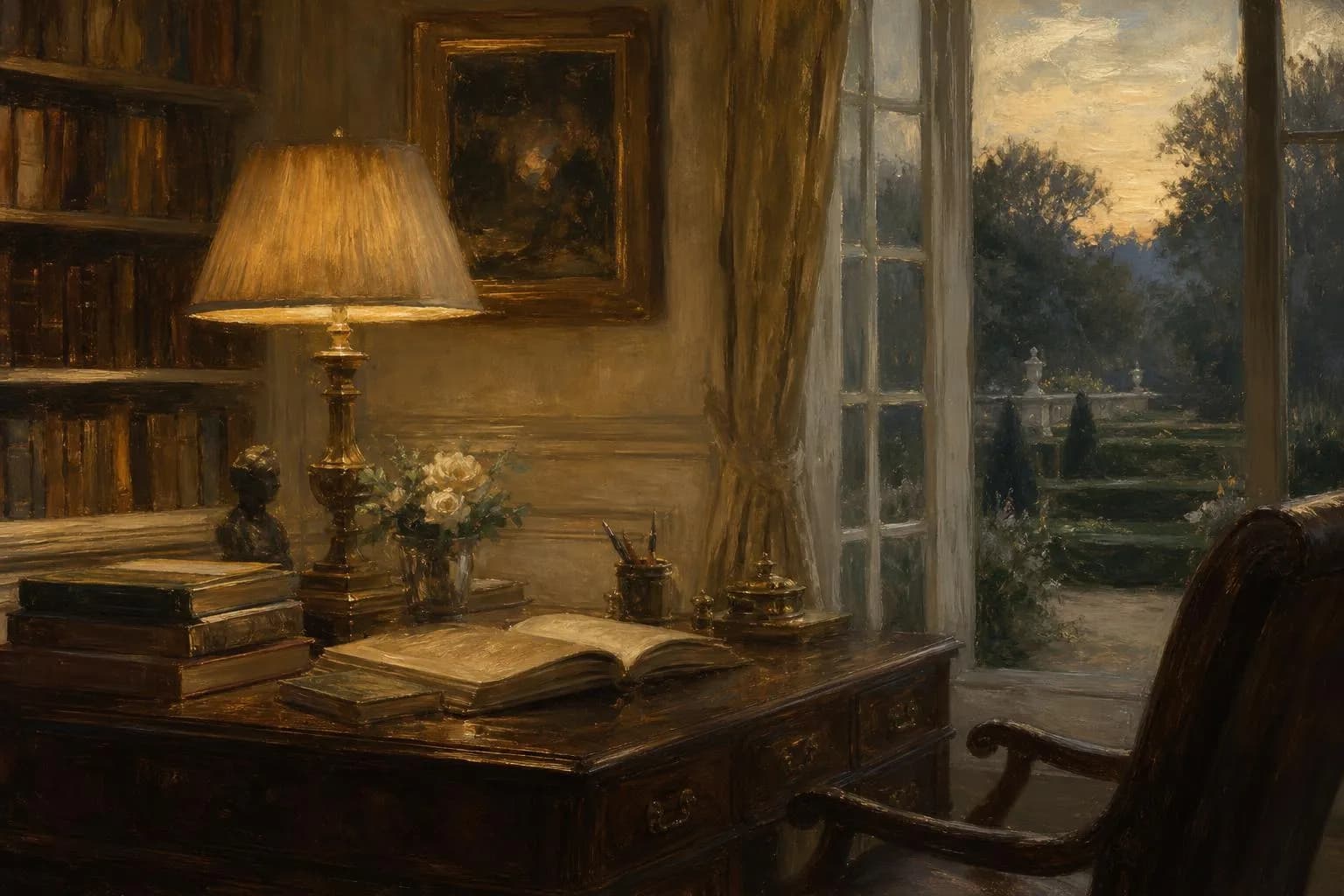 Impressionistic painting of a quiet library study at dusk with soft lamplight and a garden view beyond.