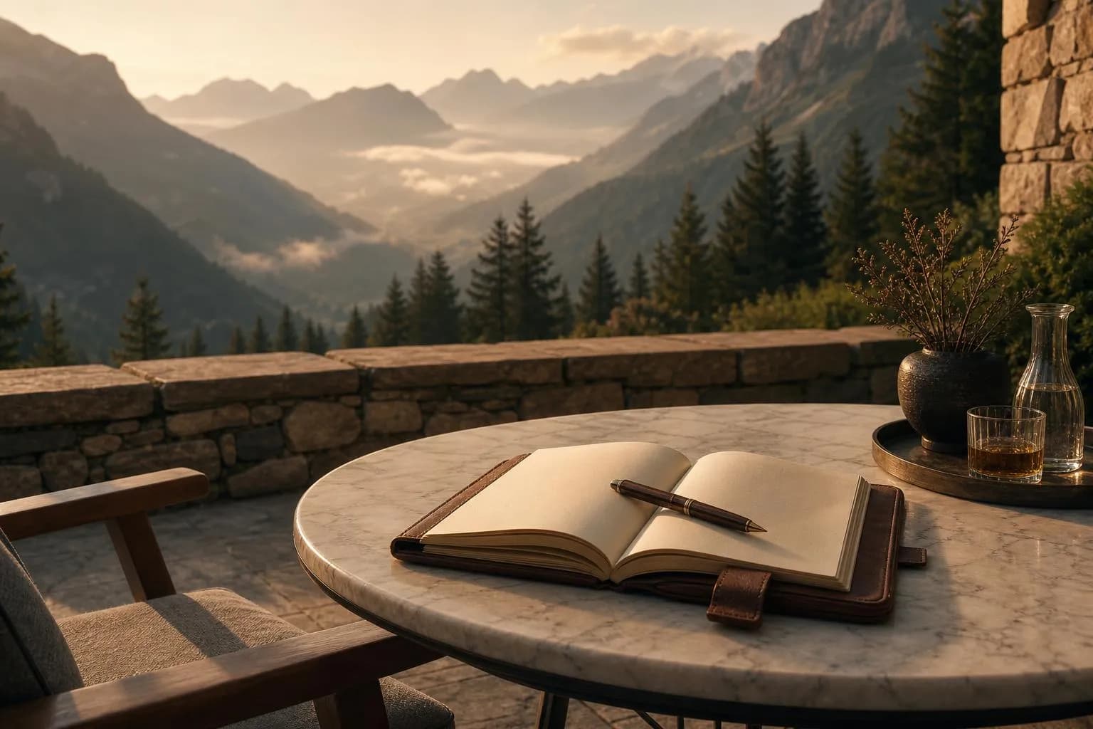Alpine terrace at sunset with journal and pen overlooking misty mountain valleys.