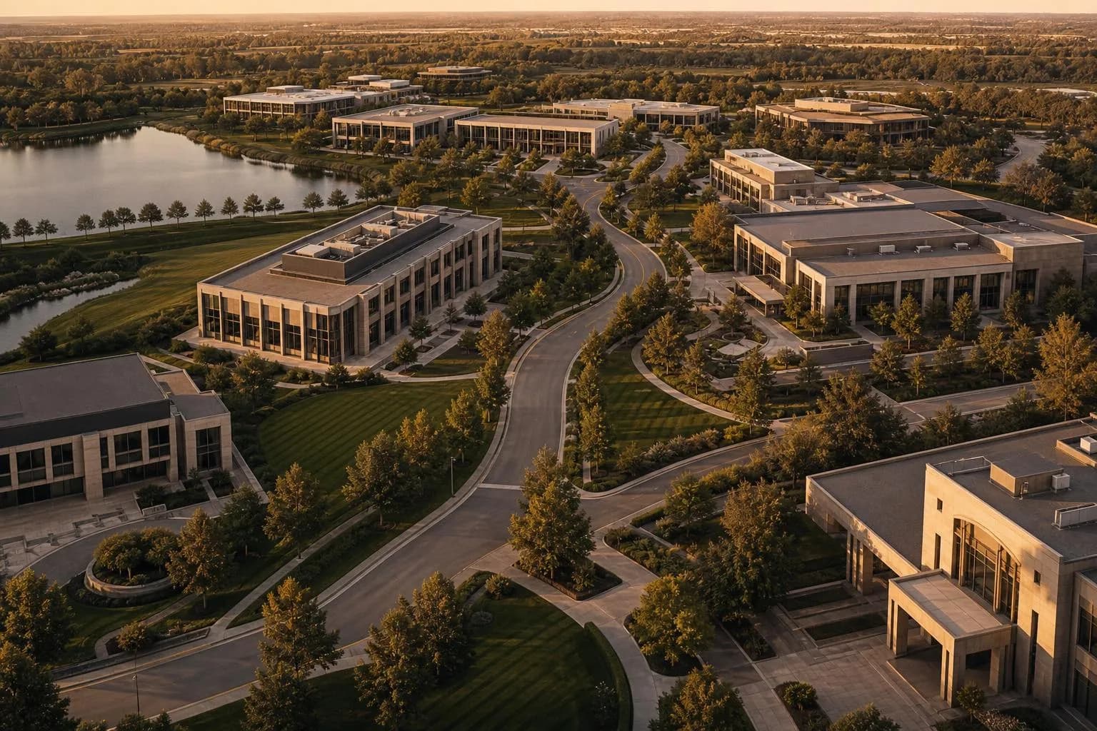 Aerial view of an organized corporate campus with modern buildings, tree-lined roads, and manicured grounds at sunset.
