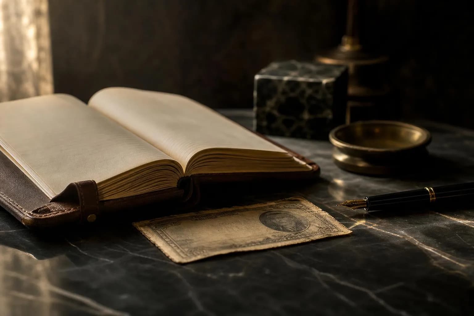 A contemplative still life with an open ledger, currency, and fountain pen on marble in soft natural light.