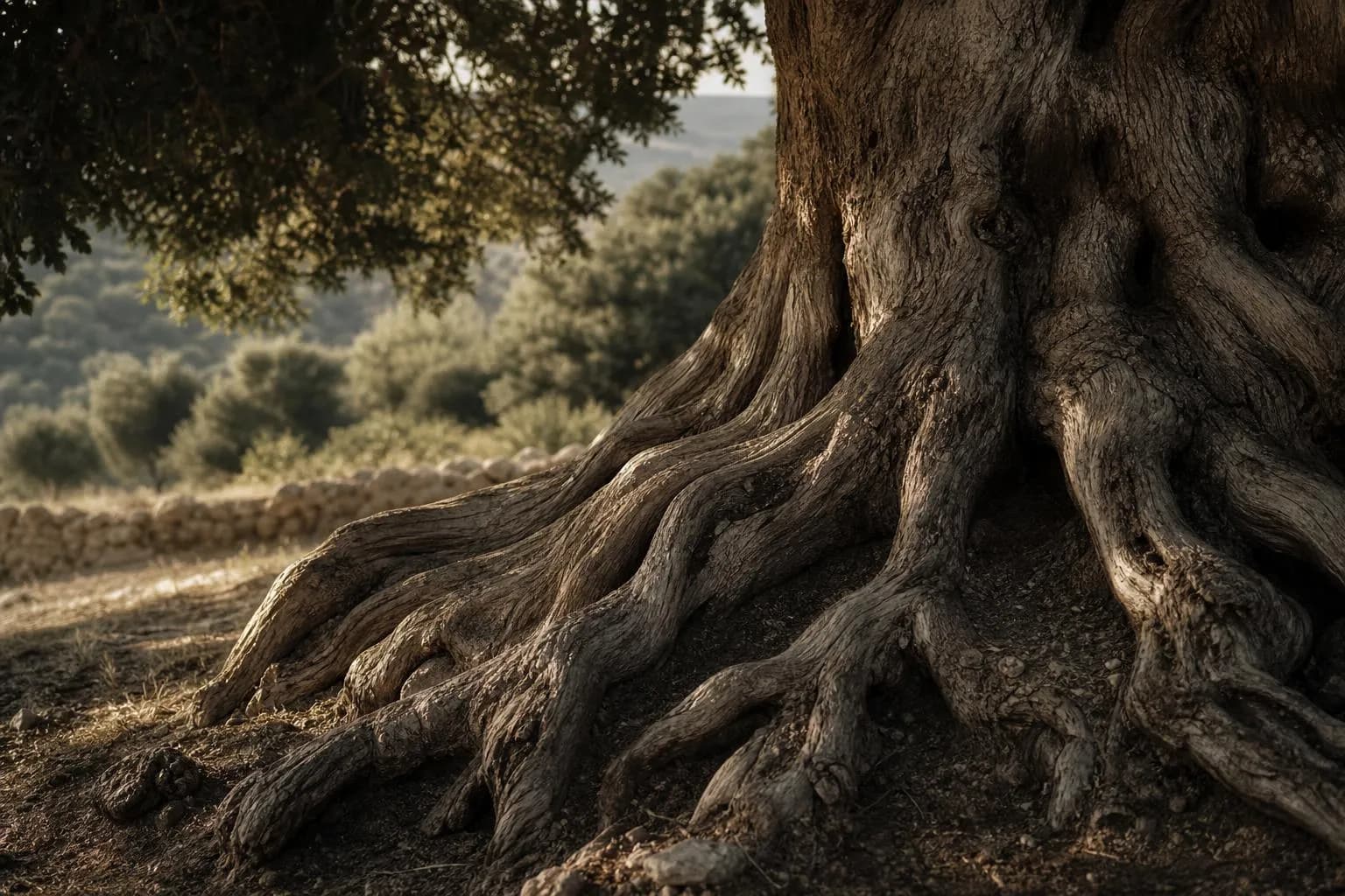 Close detail of ancient tree trunk with gnarled roots and filtered canopy light
