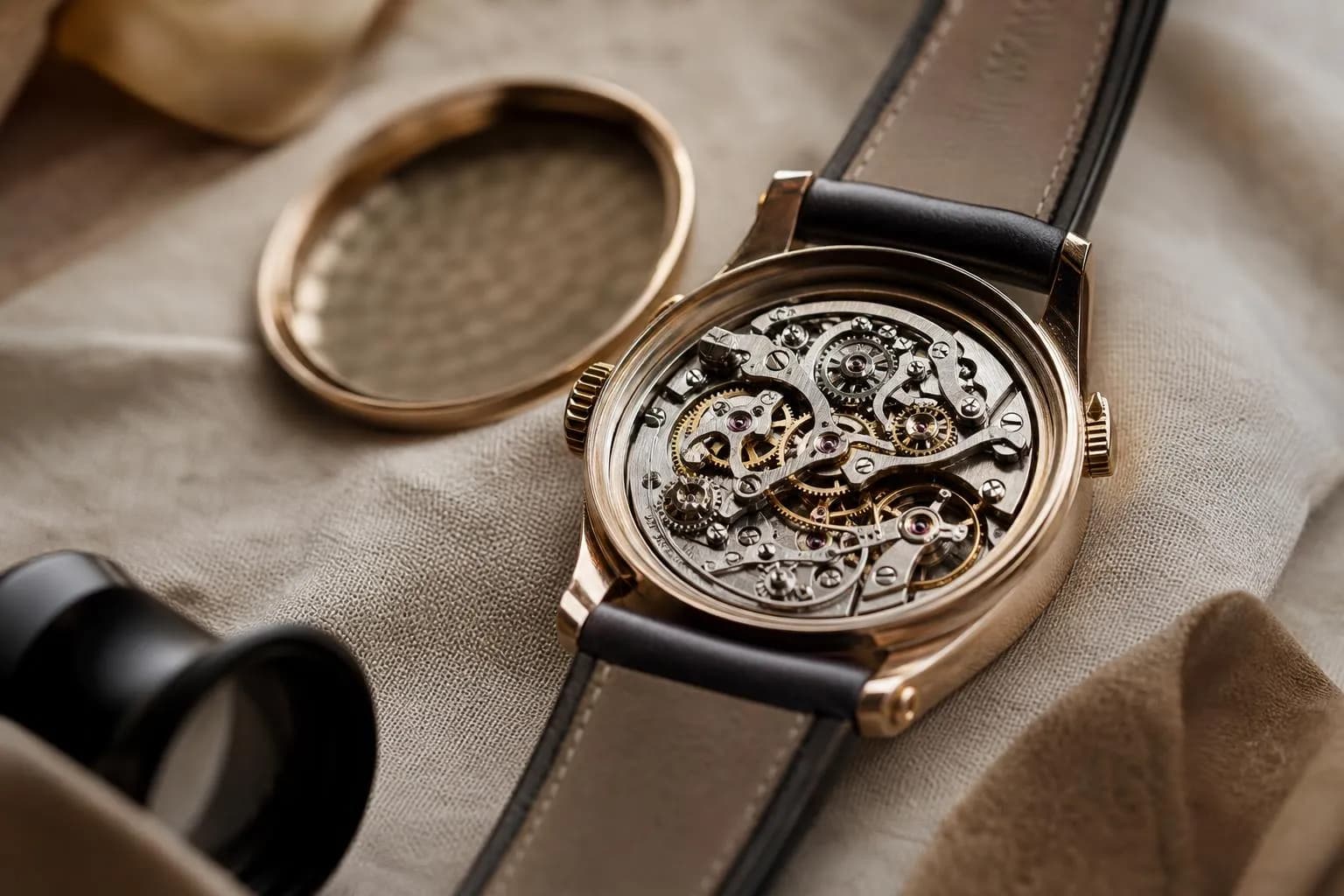 Precision mechanical watch movement with visible gears and components on cream linen, soft raking light.