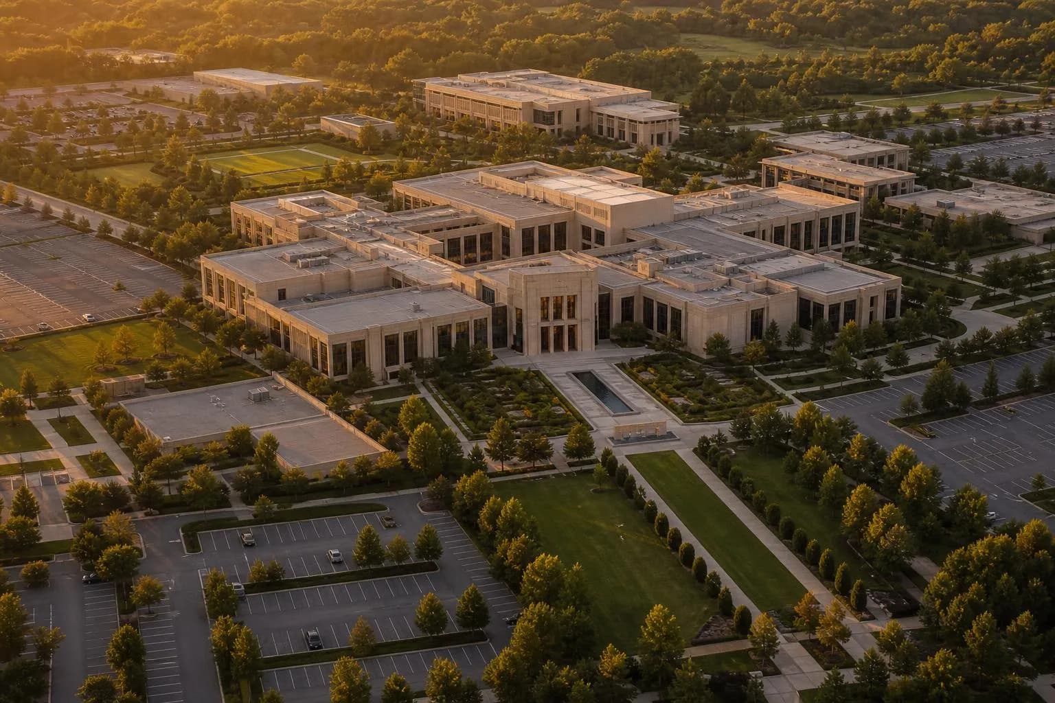 Aerial view of a corporate campus at dusk, ordered architecture and grounds suggesting institutional scale.