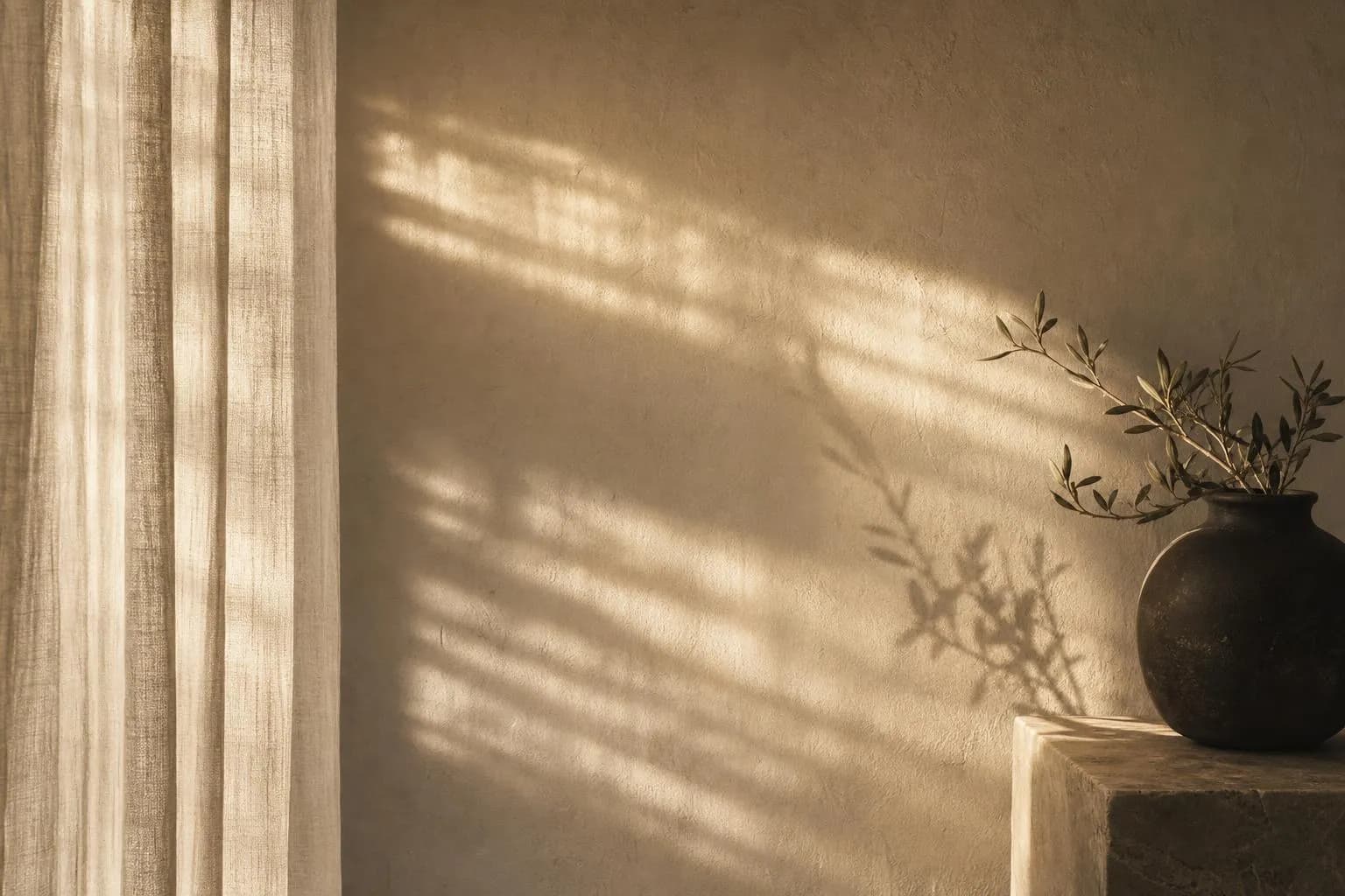 Soft light and shadow across a plain wall through translucent curtains.