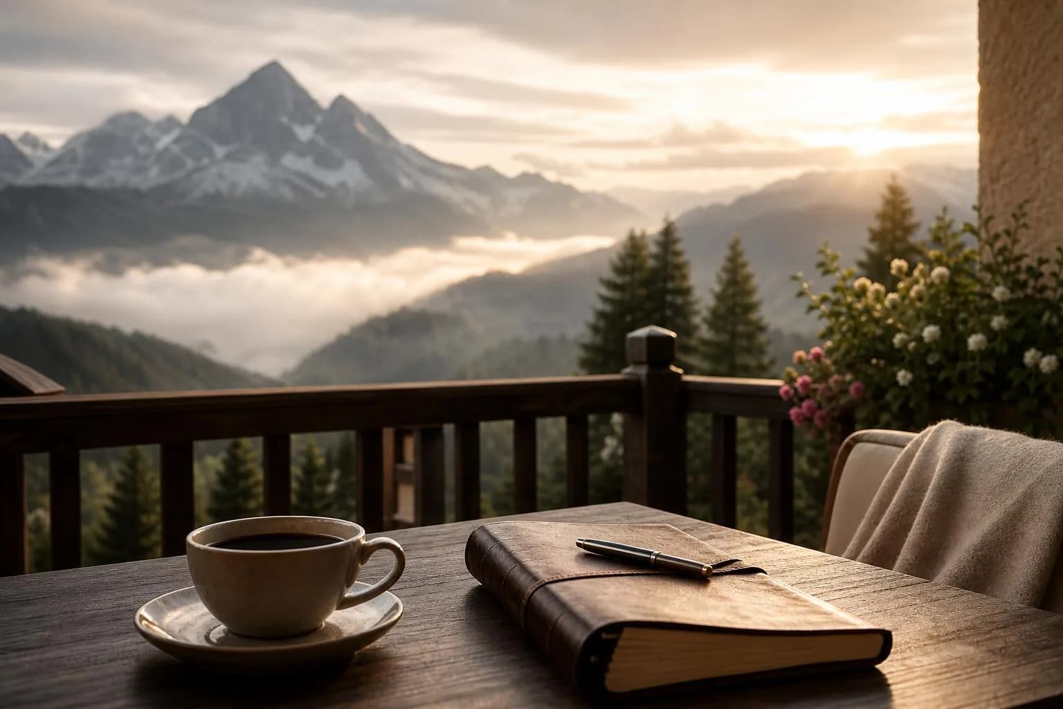 Alpine terrace at dawn with misty peaks and contemplative setting
