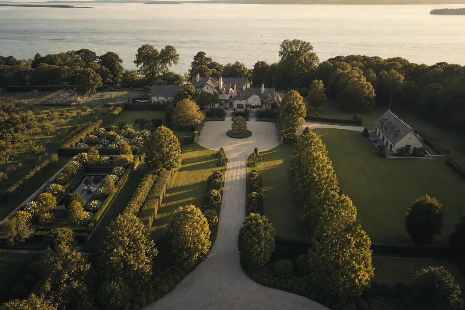 Aerial view of a manicured private estate at golden hour, showing structured landscape design and long shadows.