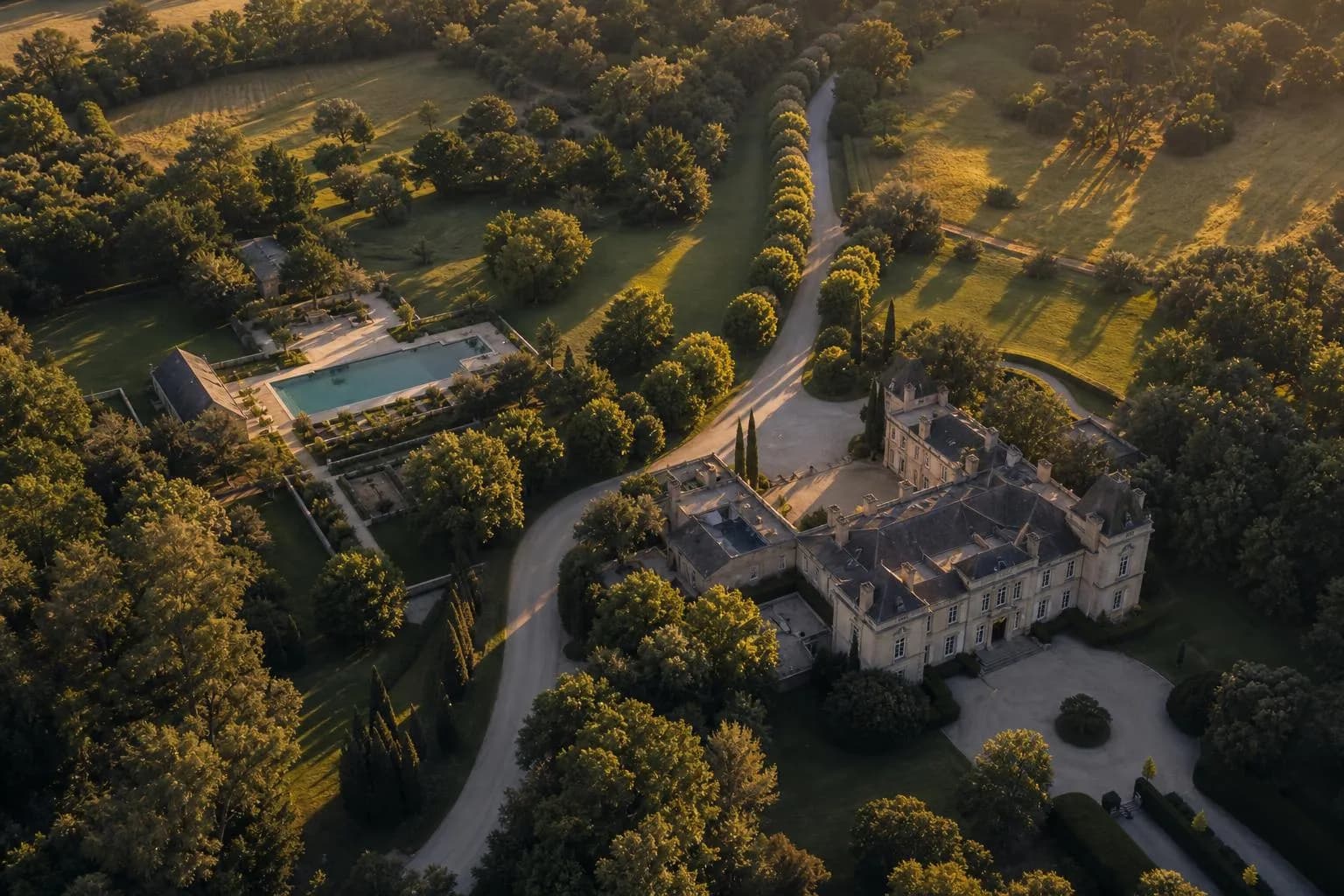 Aerial view of a manicured private estate at sunset, showing landscaped grounds and winding driveway.