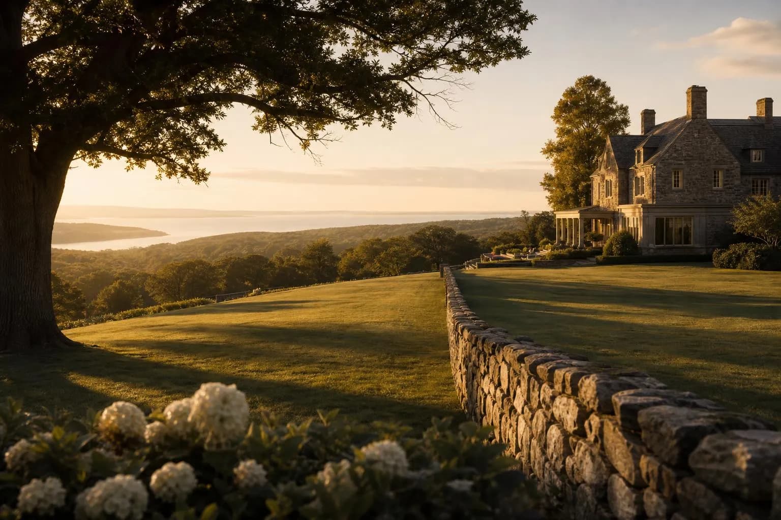 Golden-hour landscape of a private estate with manicured grounds, stone boundary, and distant trees bathed in warm afternoon light.