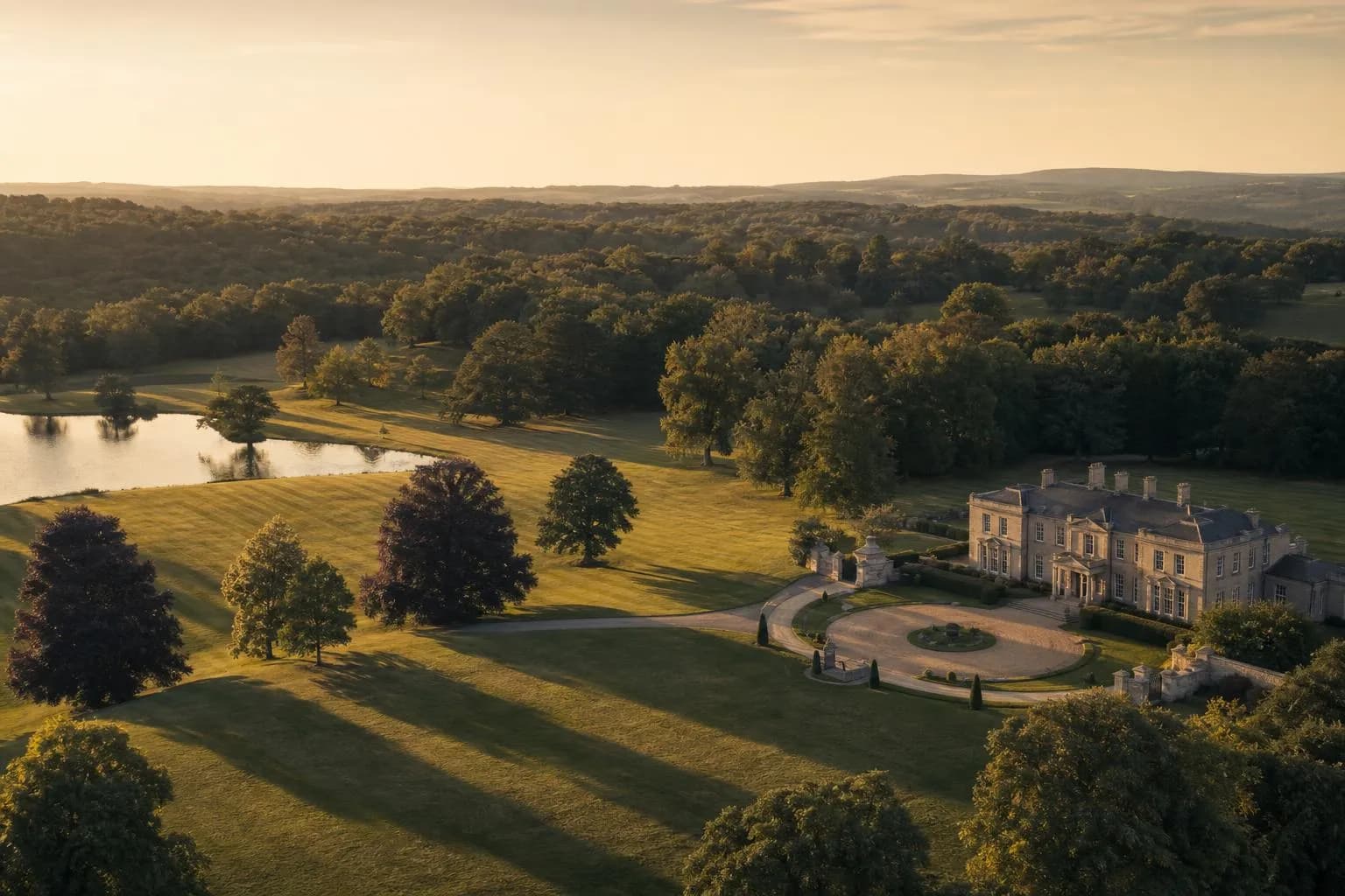 Golden-hour view of expansive private estate grounds with defined landscape boundaries at dusk