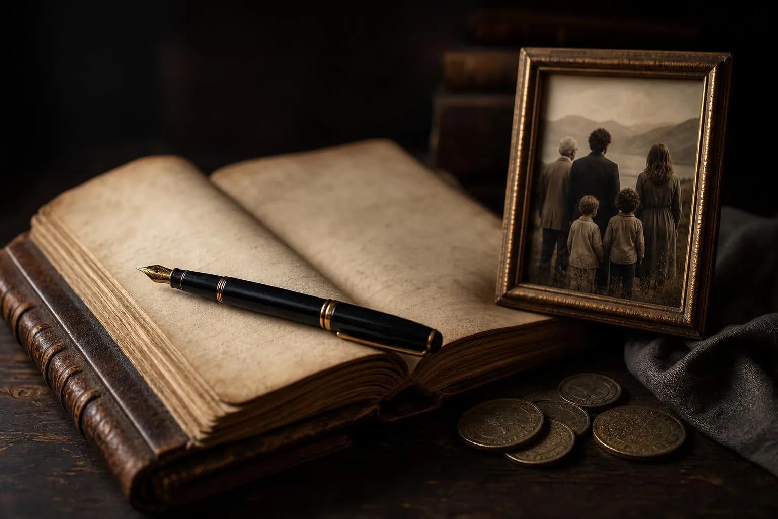 Intimate still life: antique journal, fountain pen, family photograph, and coins on weathered wood, lit with directional amber light.