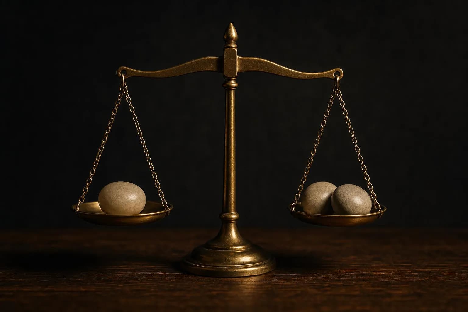 A brass balance scale with stones representing capital allocation and returns in perfect equilibrium.