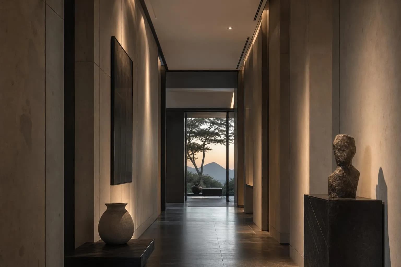 Minimalist hallway with clean geometric lines and soft natural light creating precise shadows.