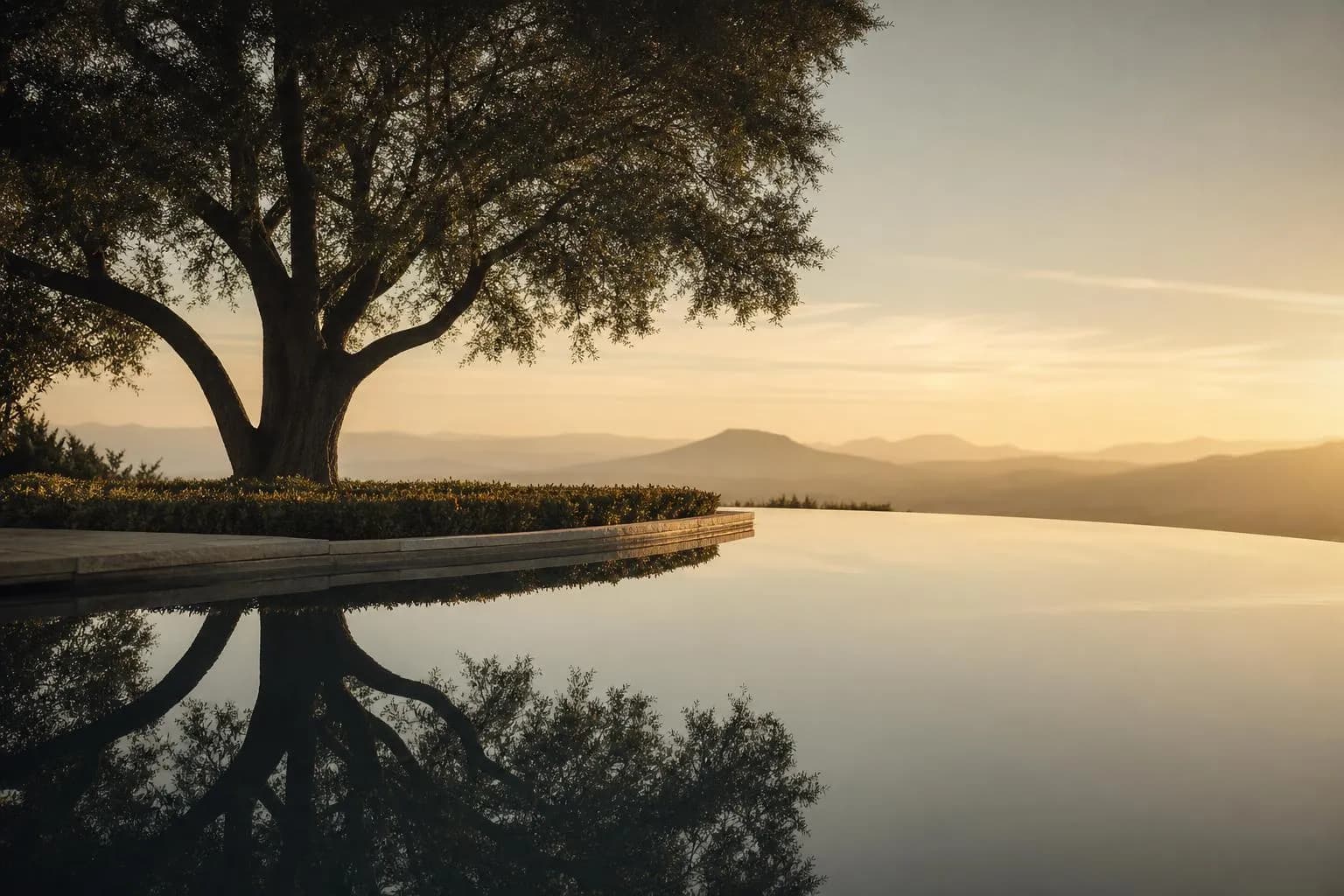 Still water reflecting an ancient tree at dawn, symbolising wealth accumulation and stability.