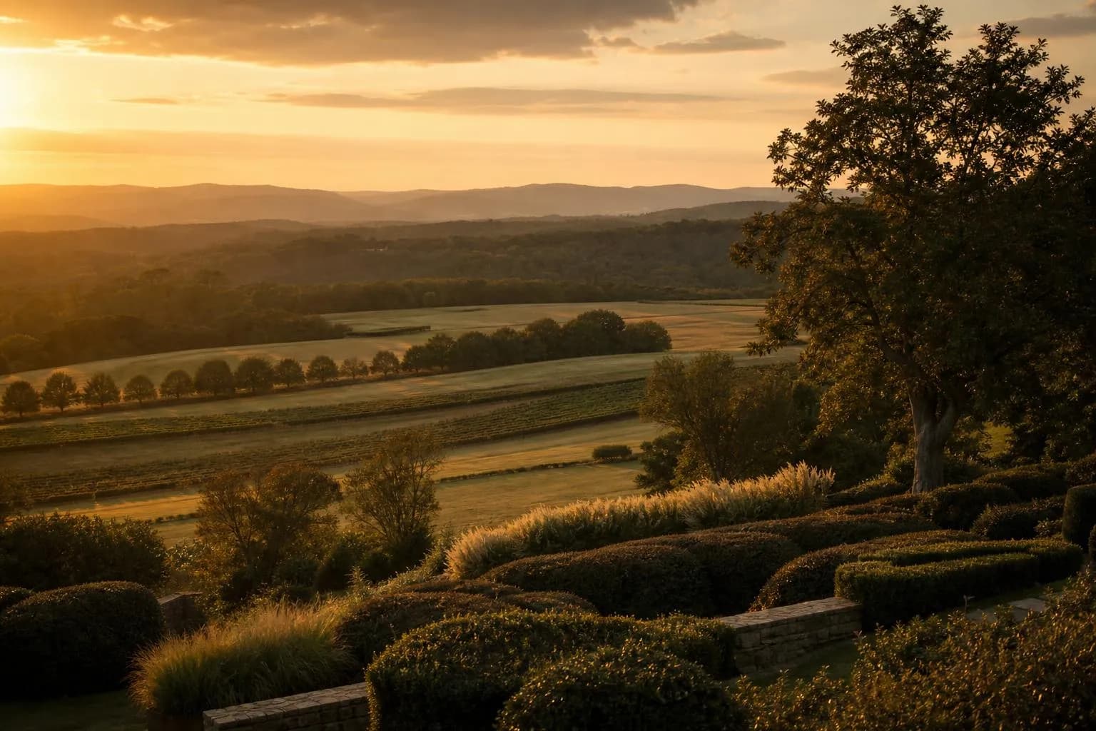 Golden-hour light across rolling private estate grounds at dusk, layered landscape in soft warm tones.