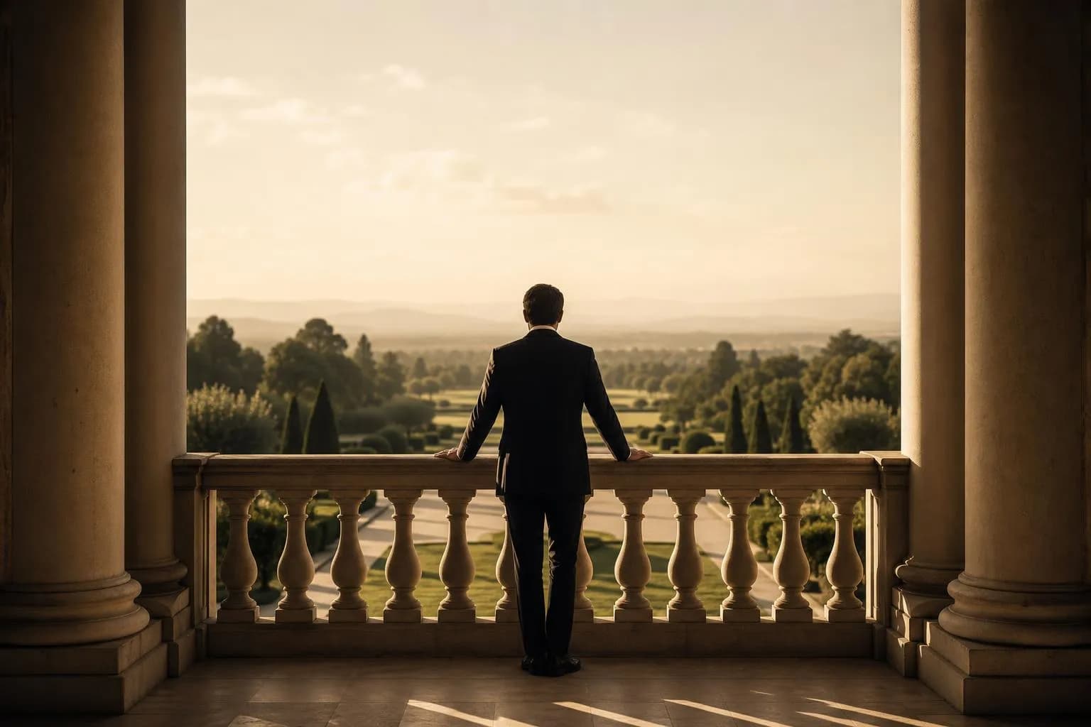 Solitary figure at stone balustrade overlooking expansive grounds in golden light.