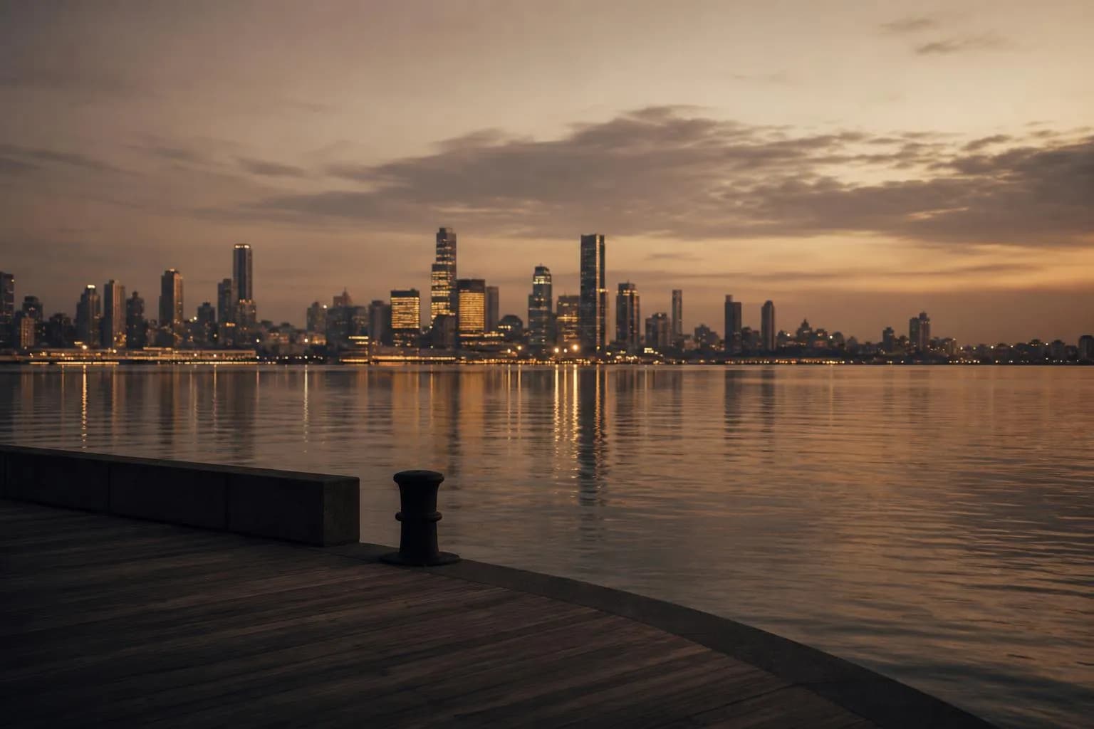 Quiet waterfront at dusk with distant city lights reflected in still water.