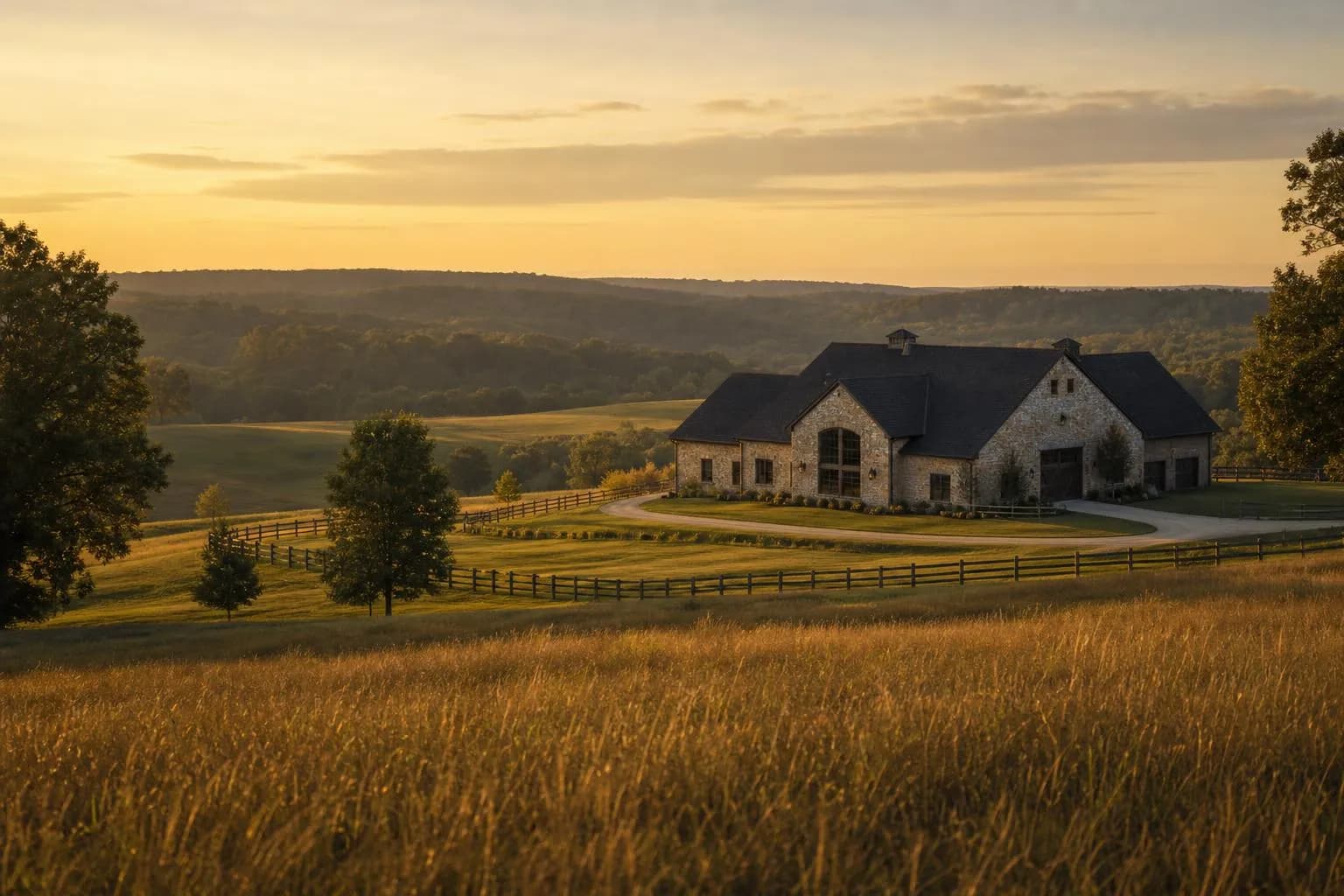 Golden-hour landscape of a private estate with rolling grounds and a distant stone structure at dusk.