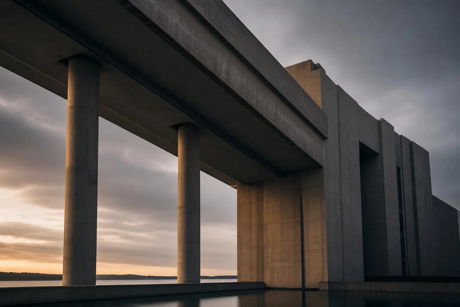 Brutalist concrete structure with strong geometric planes, photographed from below against a grey sky