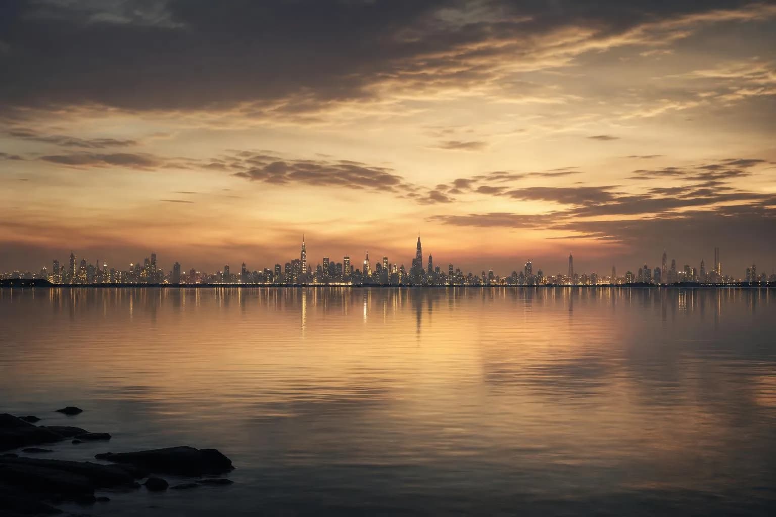 Distant city skyline at dusk, reflected in calm water below, fading light across the horizon