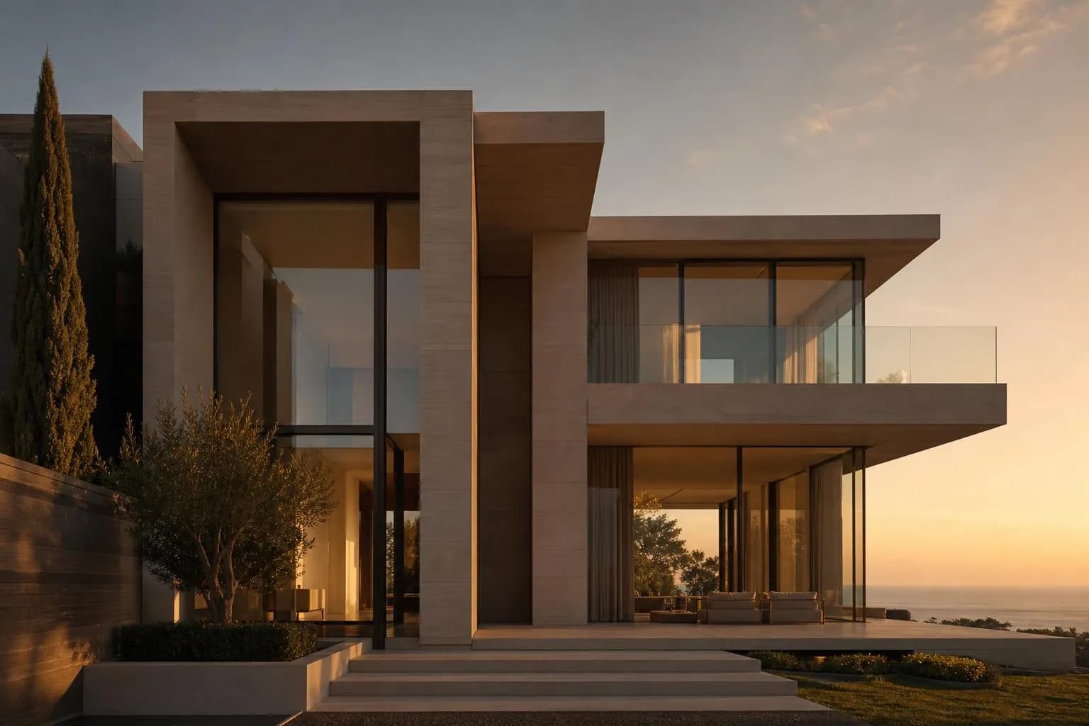 Modernist building facade with clean lines and geometric form, warm light and shadow