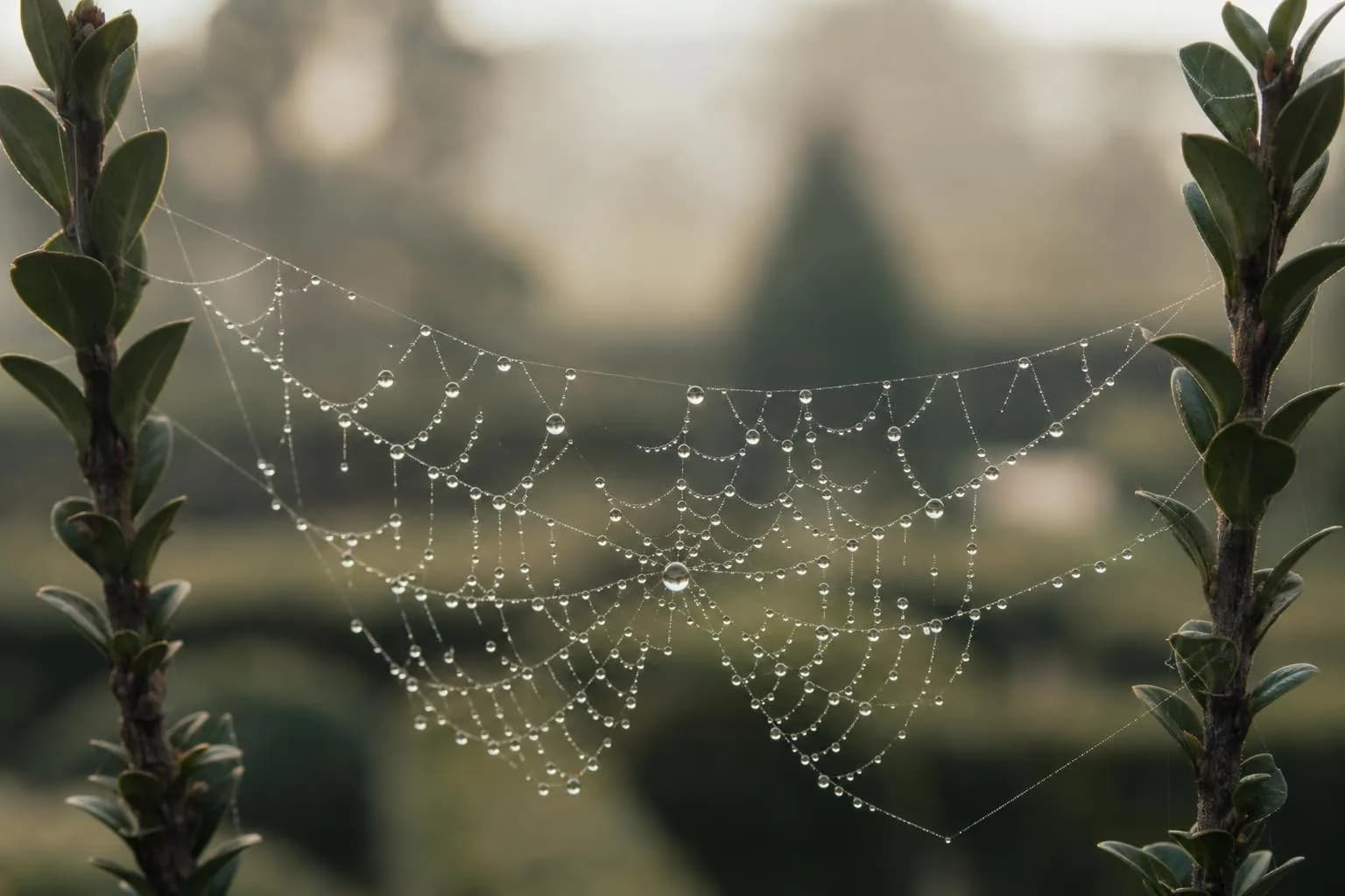 Dewdrops on a spider web between hedge stems, soft morning light