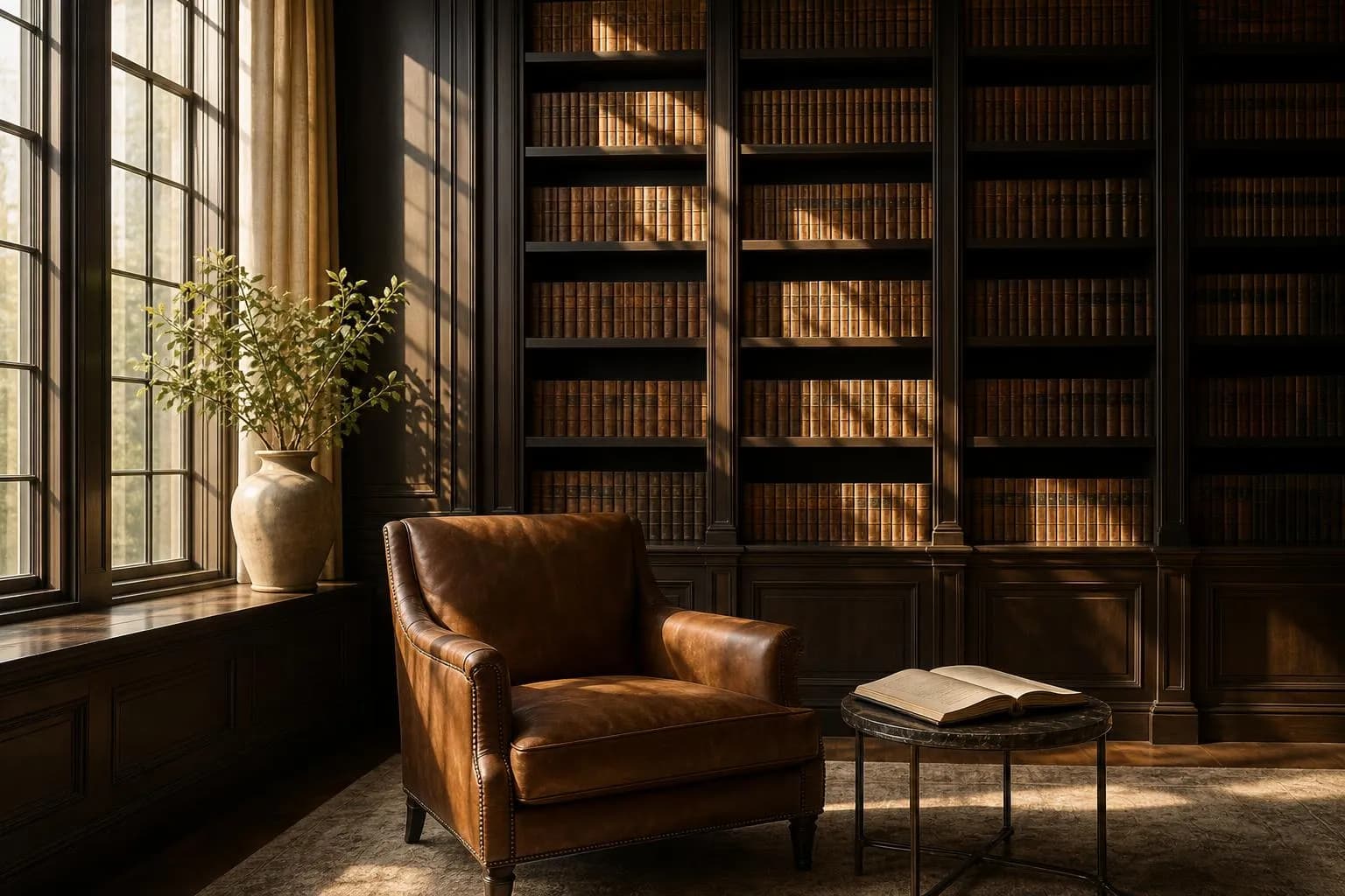 Sunlit private library with leather chairs and carefully organized shelves of books.