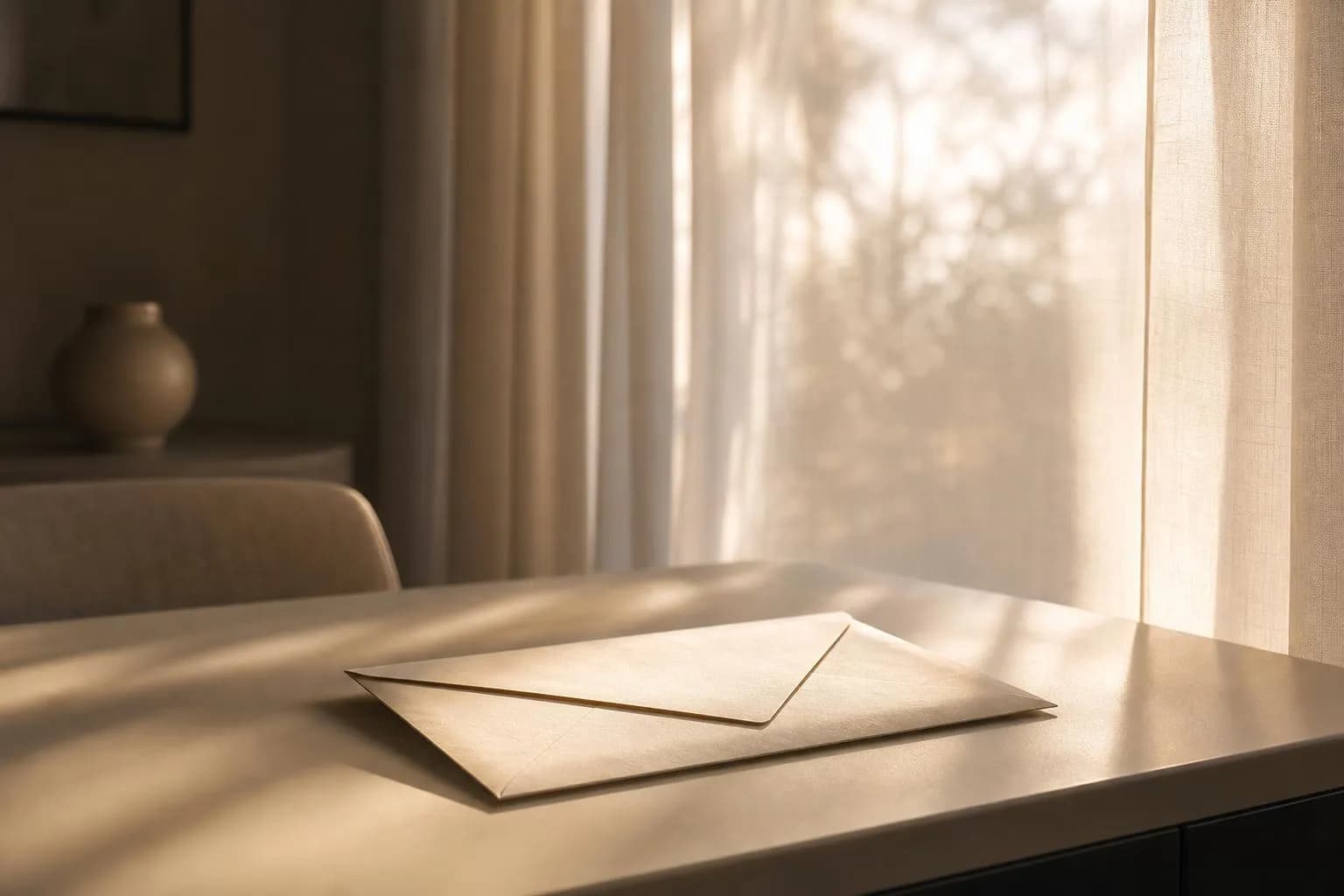 Soft morning light filtering through sheer curtains, casting subtle shadows on a pale surface