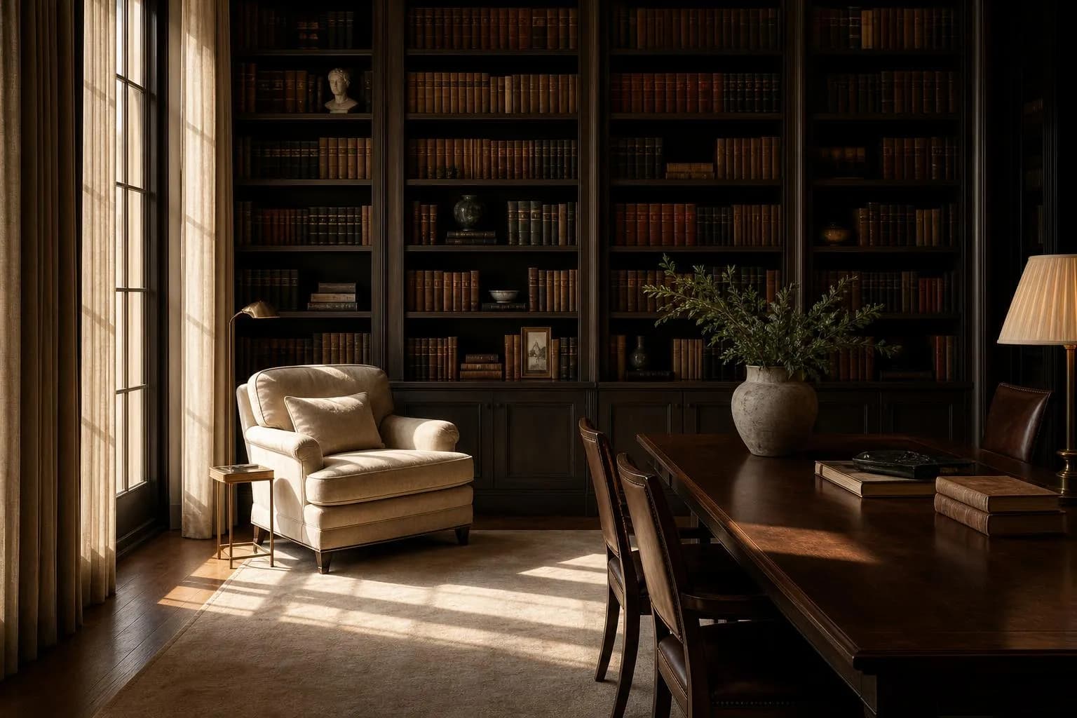 Sunlit private library with leather chairs and shelves of books, evoking stability and long-term perspective.