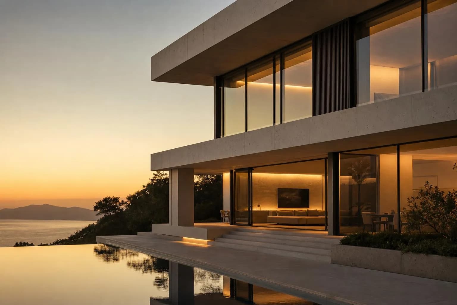 Modernist villa facade with geometric concrete planes and glass, golden hour light and sharp shadows.