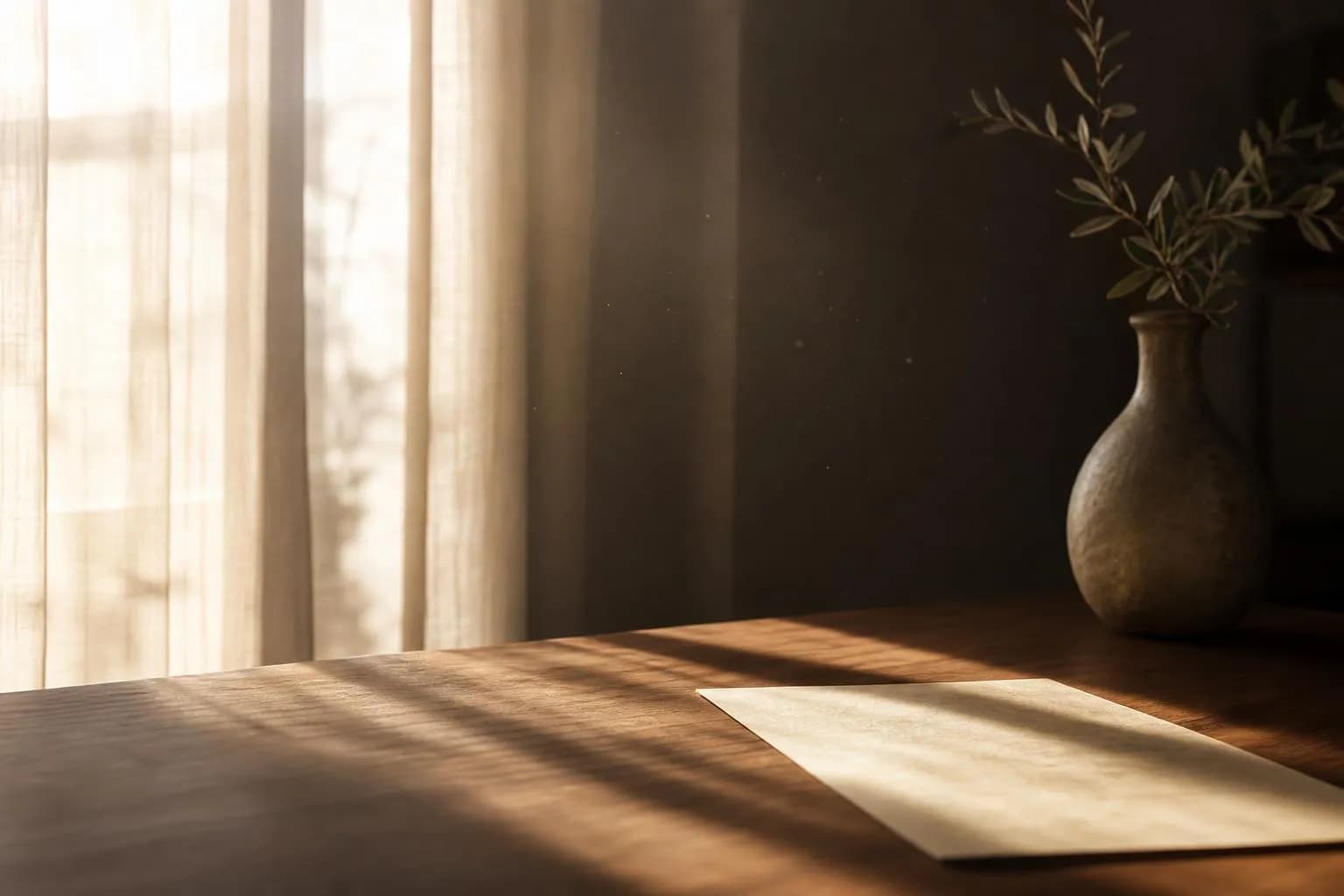 Soft morning light through sheer curtains casts delicate shadows on a wooden surface with a sheet of paper.