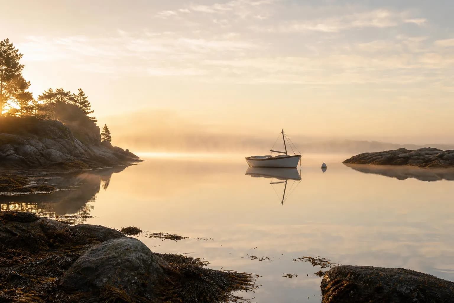 Calm inlet at dawn with moored boat and misty water, evoking quiet decision-making and reflection.