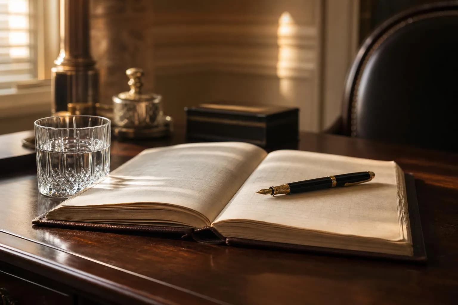 Leather ledger and fountain pen on mahogany desk in natural light