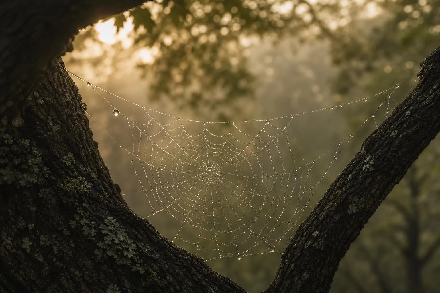 Dewdrops on spider web between oak branches, soft morning light, symbolizing careful growth and precision