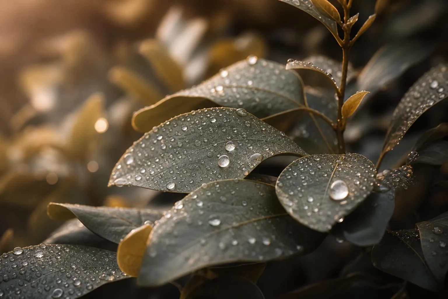 Morning dew on layered leaves in soft golden light, suggesting careful wealth stewardship