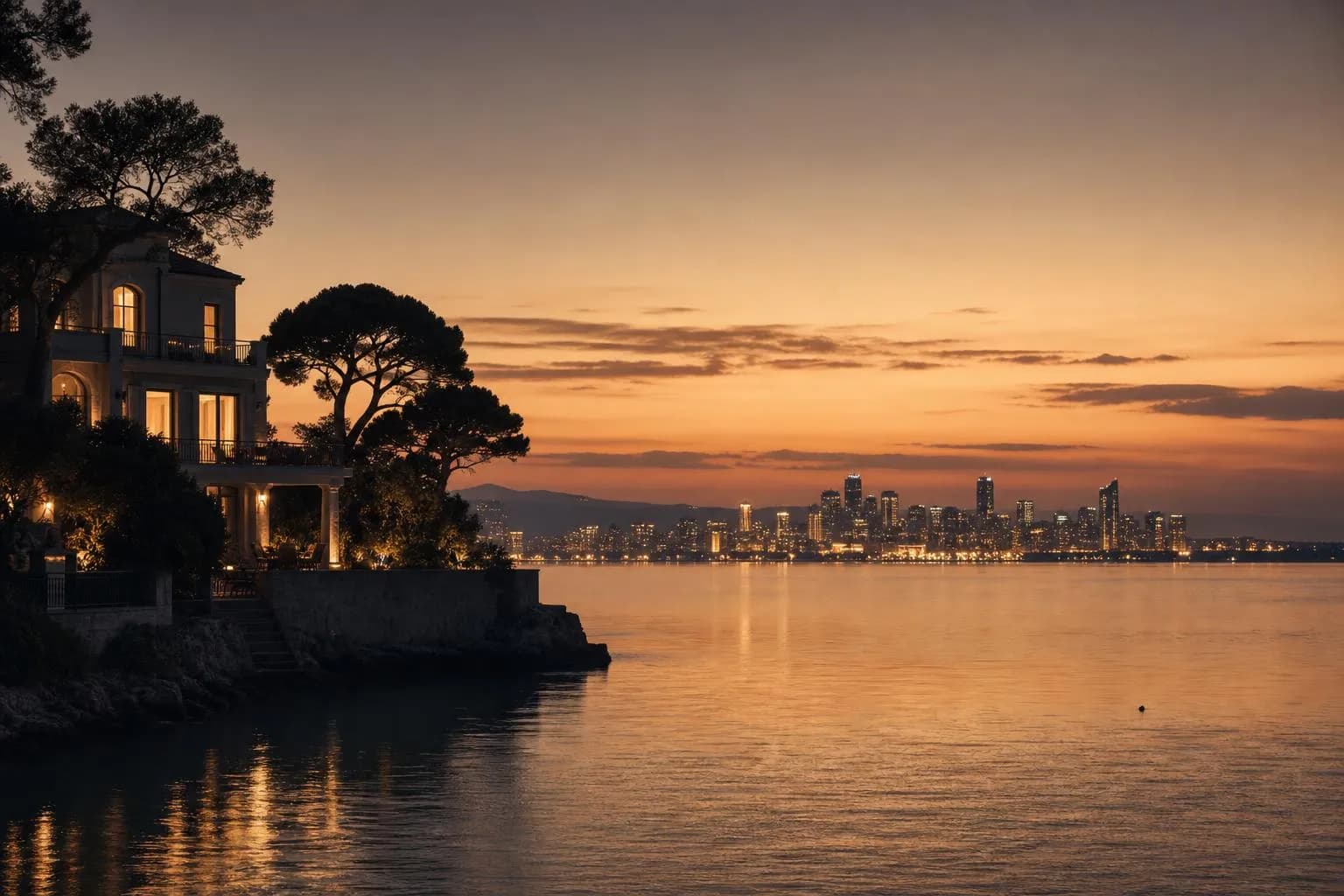 Distant city lights reflected in still water at dusk, serene and quiet