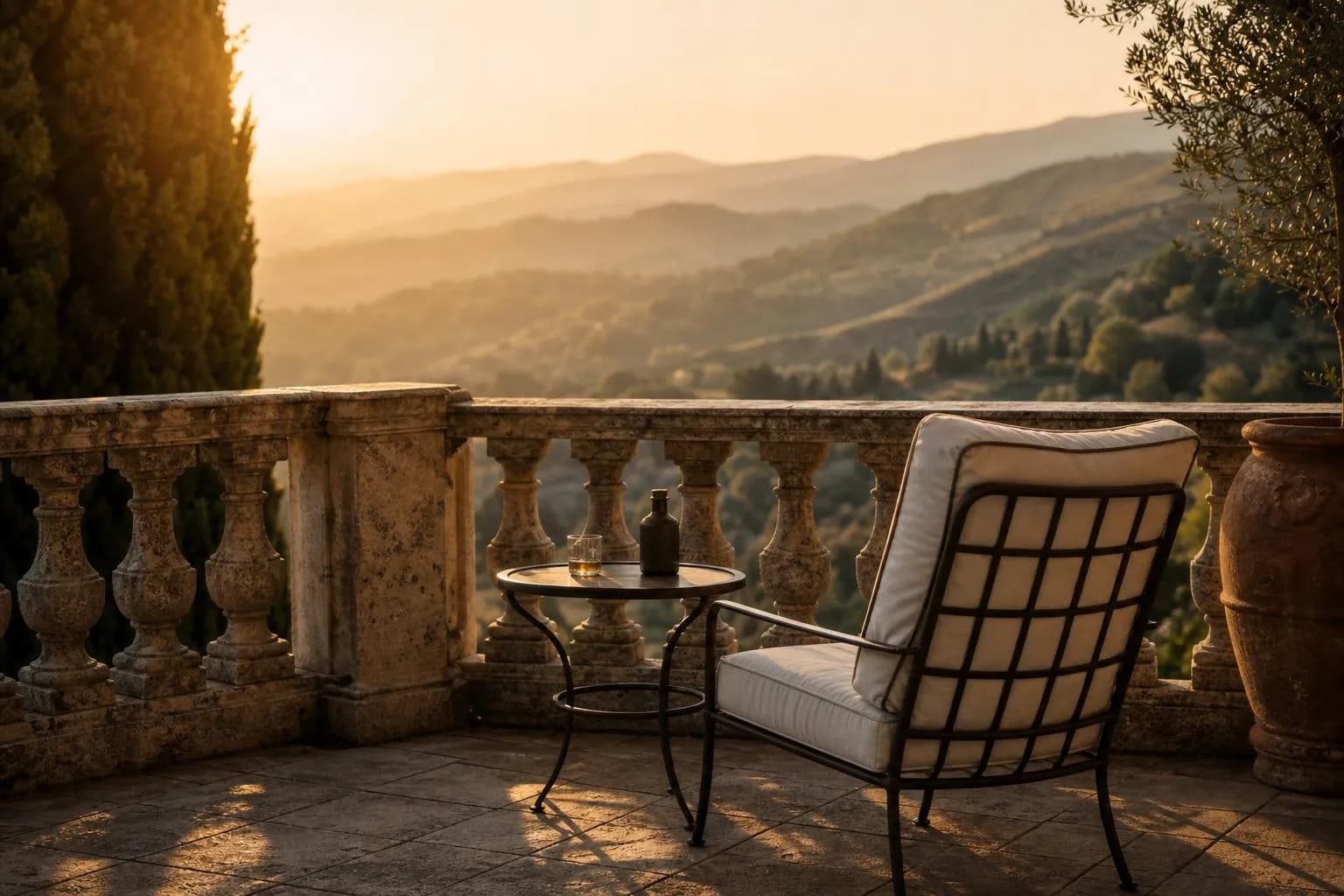Serene Mediterranean terrace at sunset with stone railing, comfortable seating, and distant hillsides.