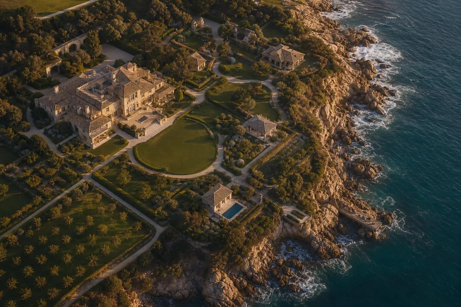 Aerial view of a multi-structure coastal estate showing layered geometric relationships and interconnected arrangement.
