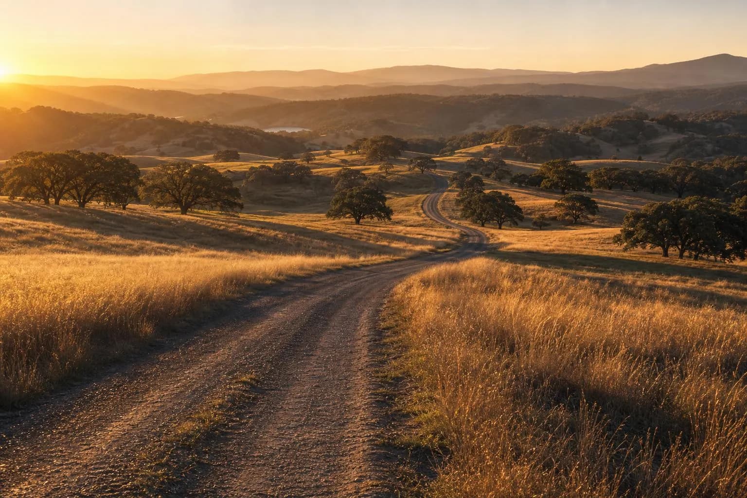 Rolling golden landscape at dusk with distant tree groves and winding path toward horizon.