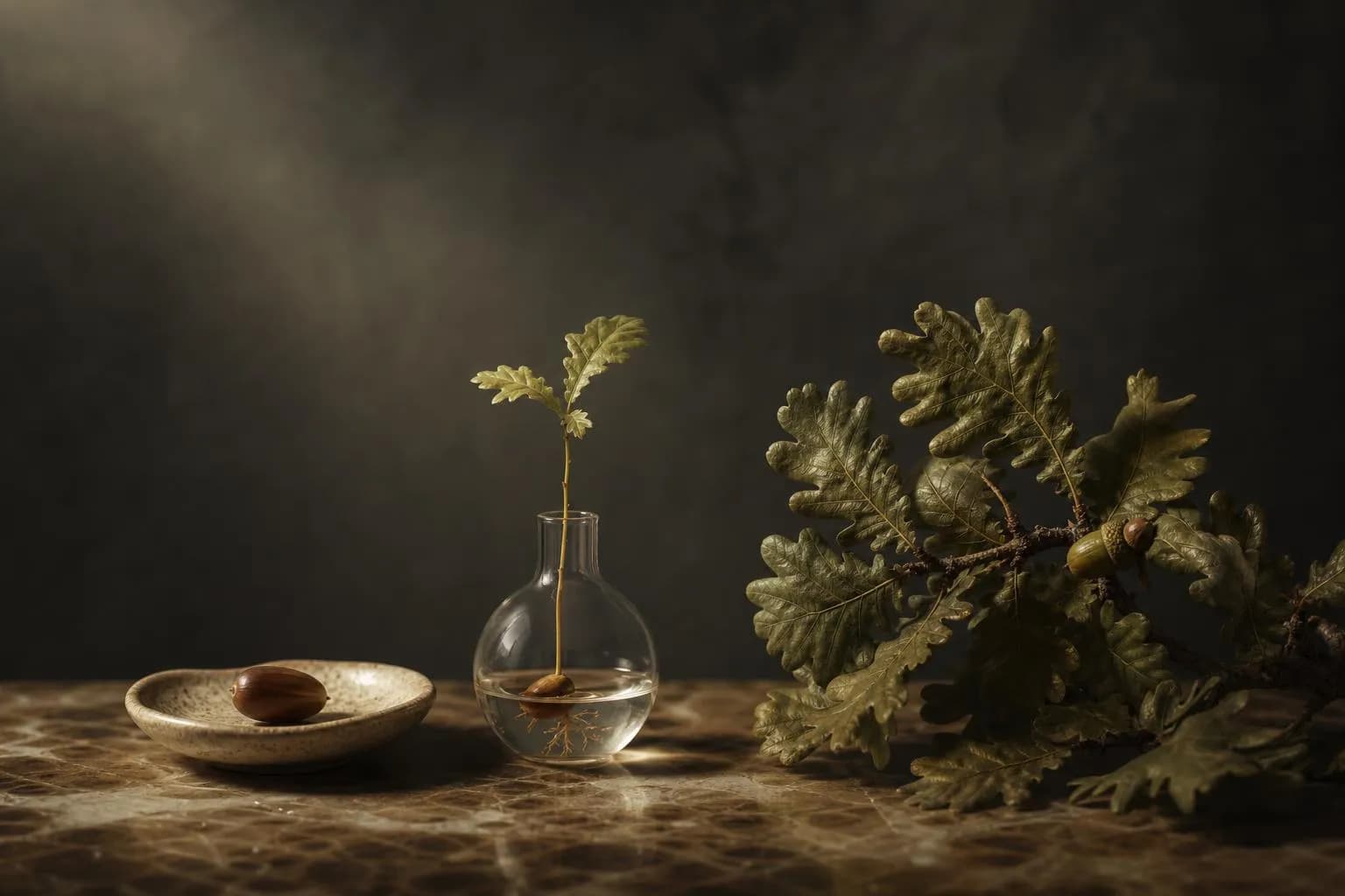 Still life: seed, sapling, and oak branch arranged to suggest capital growth through stages