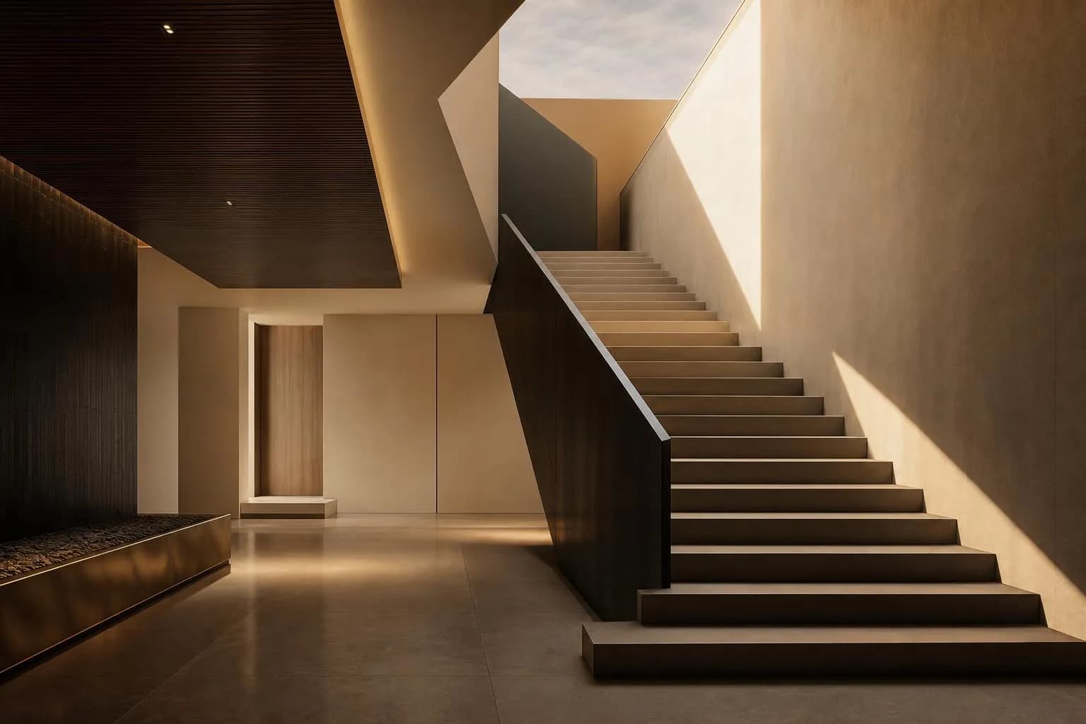 Modernist staircase with geometric planes and layered light, suggesting progression and clarity.