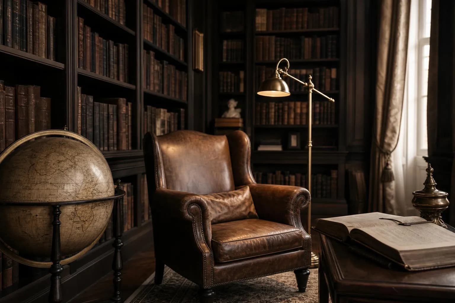 A private library corner with leather-bound books, antique globe, and wingback chair in warm lamplight.