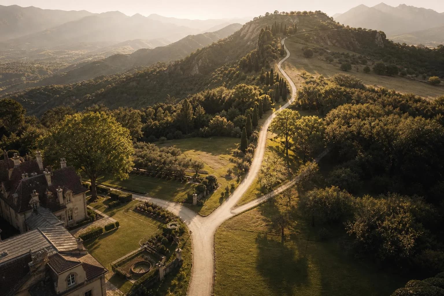 Aerial view of forking paths through manicured estate at golden hour, one ascending toward distant peaks