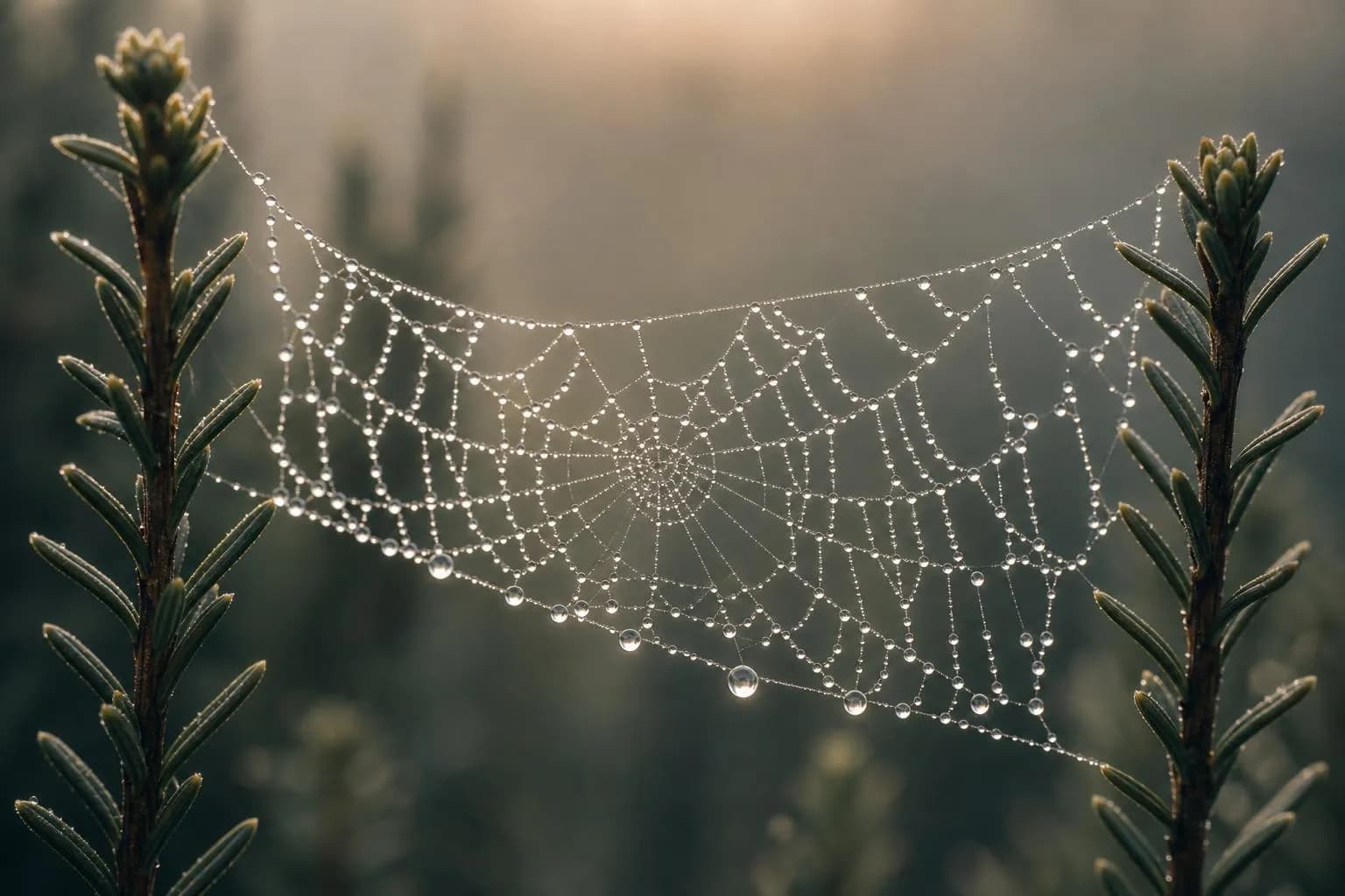 Close-up of dew-covered spider web on evergreen shrub in soft morning light.